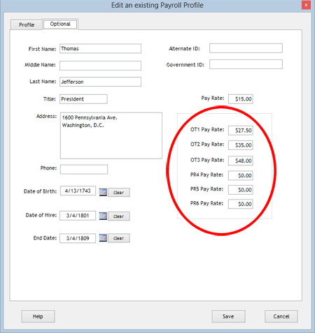 The number of pay rates varies with the version of the software: Professional Edition has three and Enterprise Edition has six.