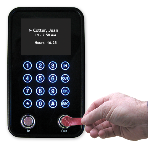 Employees clock in and out by tapping their iButton to one of the probes at the bottom of the clock.