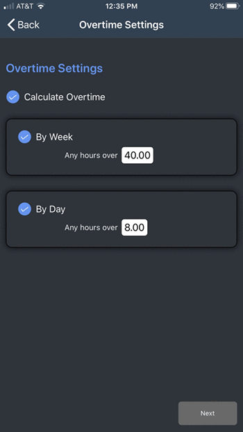 Overtime screen