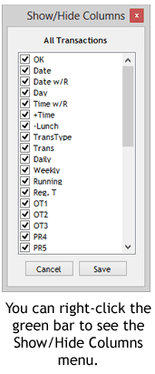 Available Transaction List columns